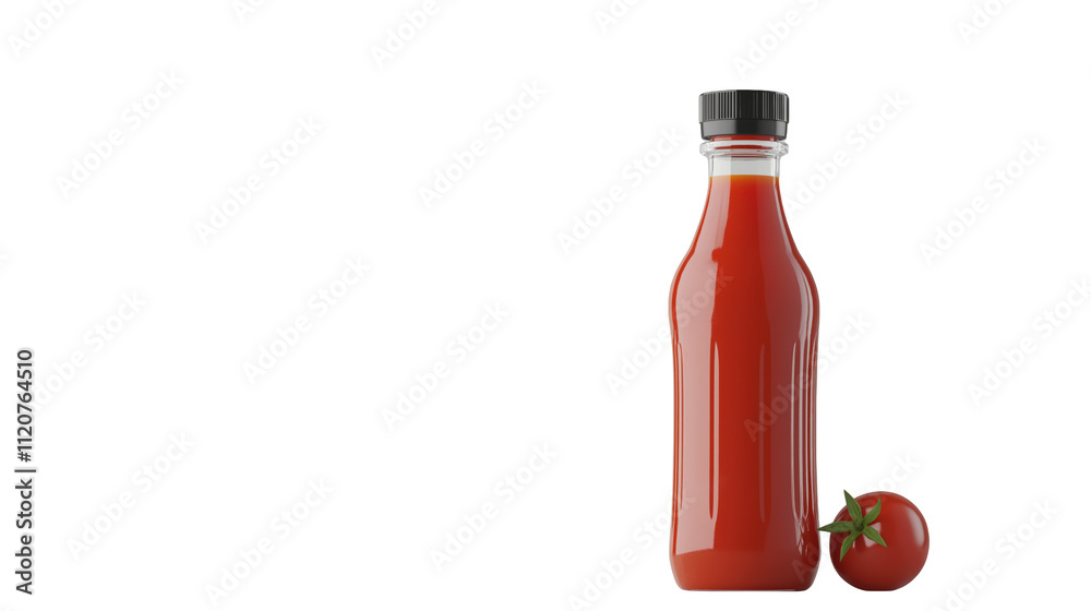 A bottle of ketchup, filled with rich red tomato sauce, standing upright with its cap on. A bottle of ketchup, filled with rich red tomato sauce, standing upright with its cap on.