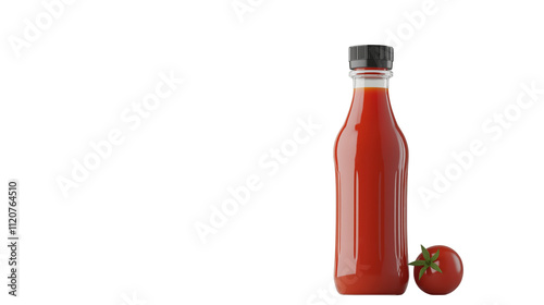 A bottle of ketchup, filled with rich red tomato sauce, standing upright with its cap on.