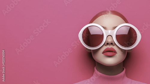 fashionable woman with oversized sunglasses against pink background, exuding confidence and style. Her bold look is complemented by turtleneck sweater