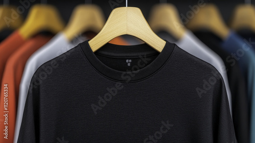 Black t shirt on wooden hanger, surrounded by colorful shirts in background. image showcases modern clothing display, emphasizing style and fabric quality photo