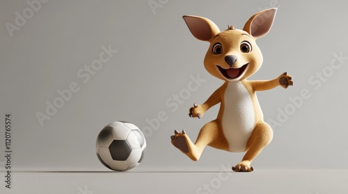 Cartoon kangaroo joyfully kicking a soccer ball. photo