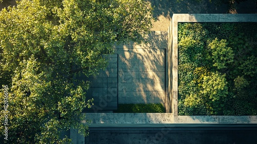 Green roof on urban building, birdseye view, bright midday light, natural foliage, ecofriendly architectural design photo