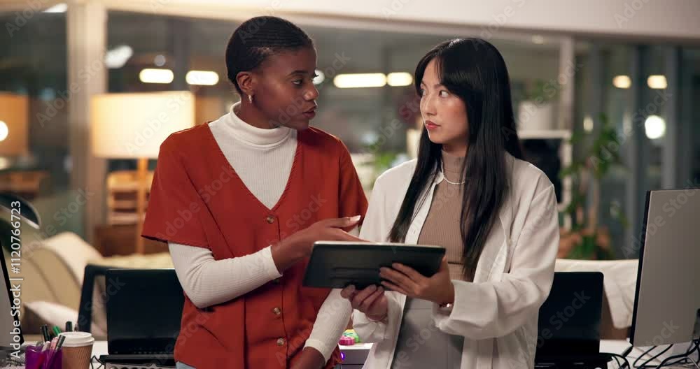 Research, women or journalists on tablet talking for teamwork, editing or creative agency for media press. Night, people or writers on pc for publication website, news article and blog deadline