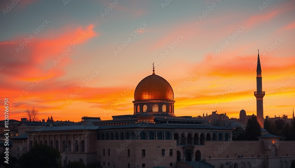 Fototapeta premium Golden dome mosque sunset silhouette cityscape.