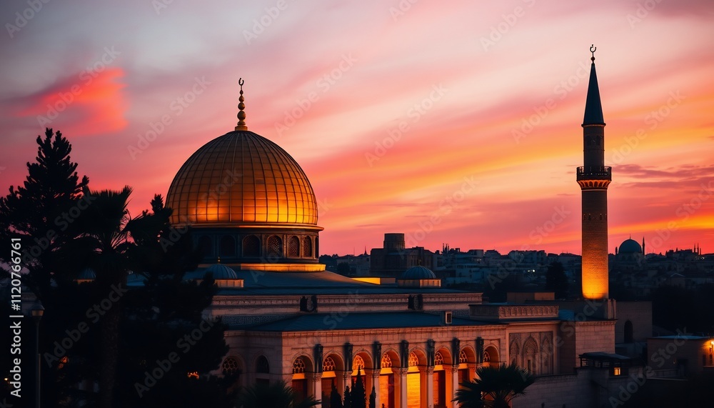 Fototapeta premium Golden dome mosque sunset cityscape.