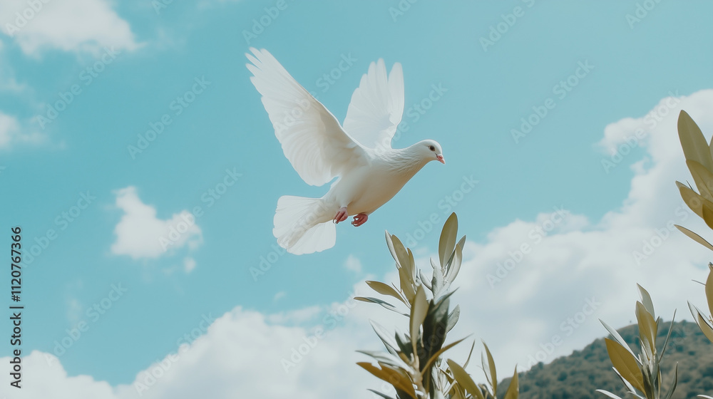 Obraz premium Serene landscape with white dove in flight symbolizing peace and ceasefire, calm blue sky, distant mountains, and single olive branch in foreground.