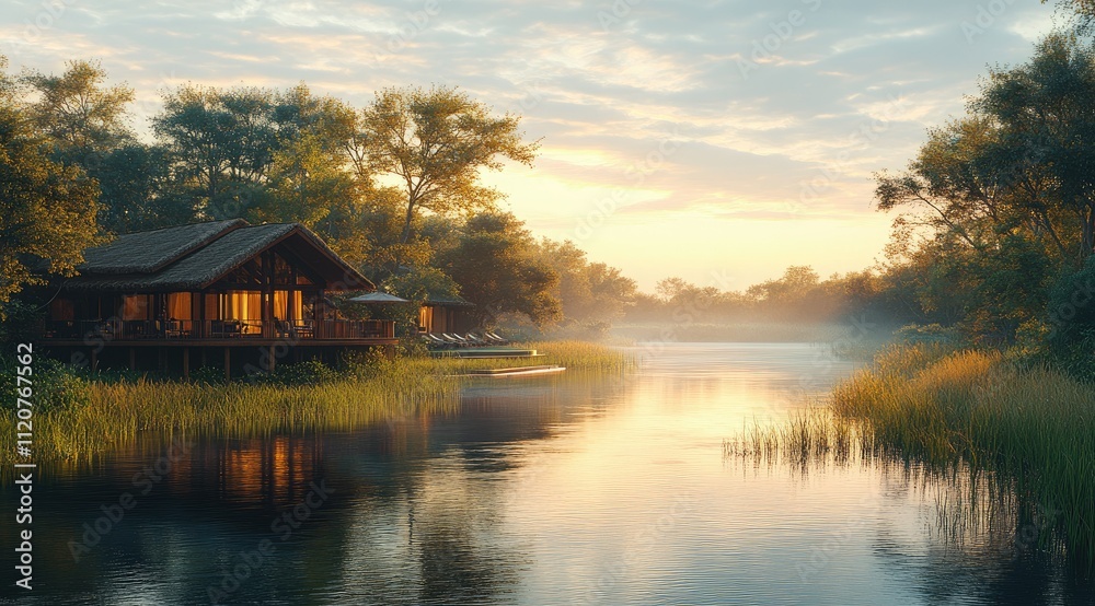 Obraz premium Sunrise over tranquil river, wooden cabins nestled in lush greenery.