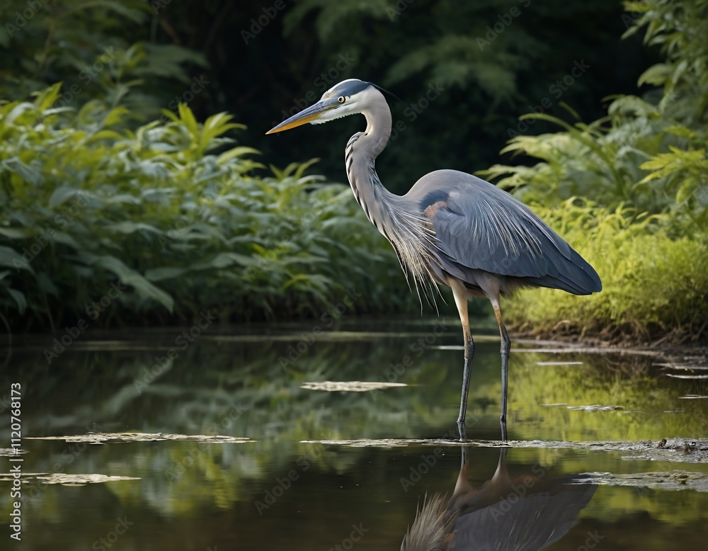 Naklejka premium Great blue heron wading in shallow water, reflected in calm water, surrounded by lush green vegetation.
