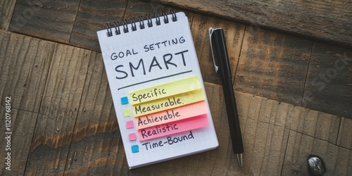 Goal Setting SMART Notebook on Wooden Desk photo