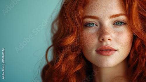 Caucasian woman with red hair and freckles, blue eyes