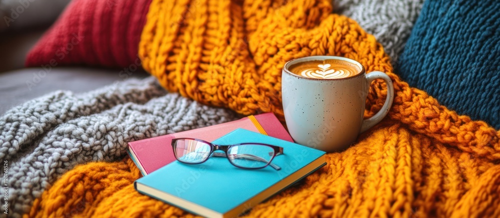 A cup of coffee, a book, and glasses on a cozy blanket. A cup of coffee, a book, and glasses on a cozy blanket.