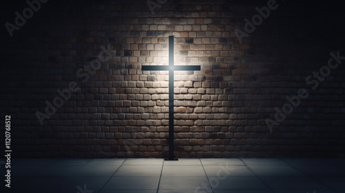 Illuminated Cross on Brick Wall Background