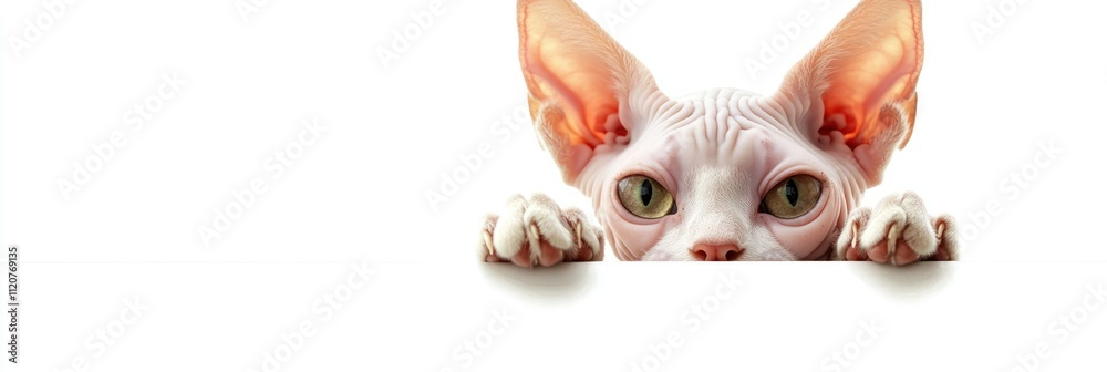 Fototapeta premium A curious Sphynx cat peeking over a surface.