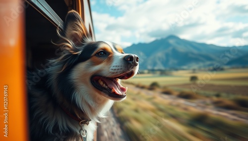Happy dog looking out train window, scenic mountains.