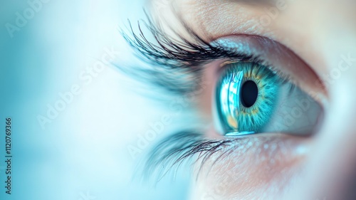 Close-up of person's blue eye with long eyelashes