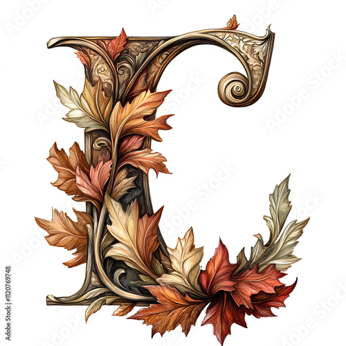 A decorative and intricately designed letter 'L' is showcased with a rich array of autumn leaves elegantly intertwined around it. The letter embodies a vintage style with ornate carving details and pa photo