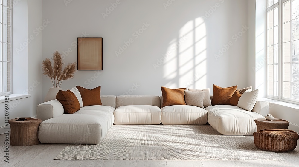 Obraz premium minimalist living room with white walls, sleek furniture, neutral tones