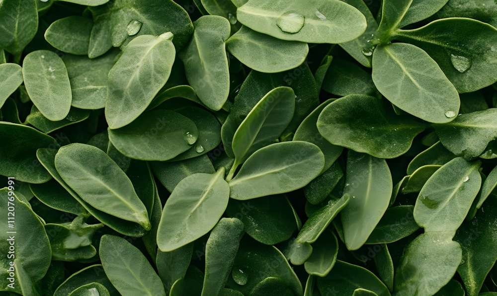 Fototapeta premium Lush green leaves with water droplets.