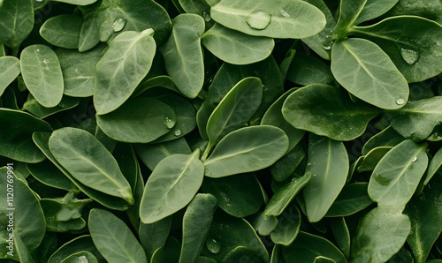 Lush green leaves with water droplets.