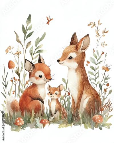 Charming fox family in a floral setting.