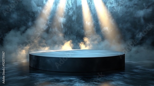 Circular matte black podium, surrounded by a light fog, with beams of light highlighting its surface.