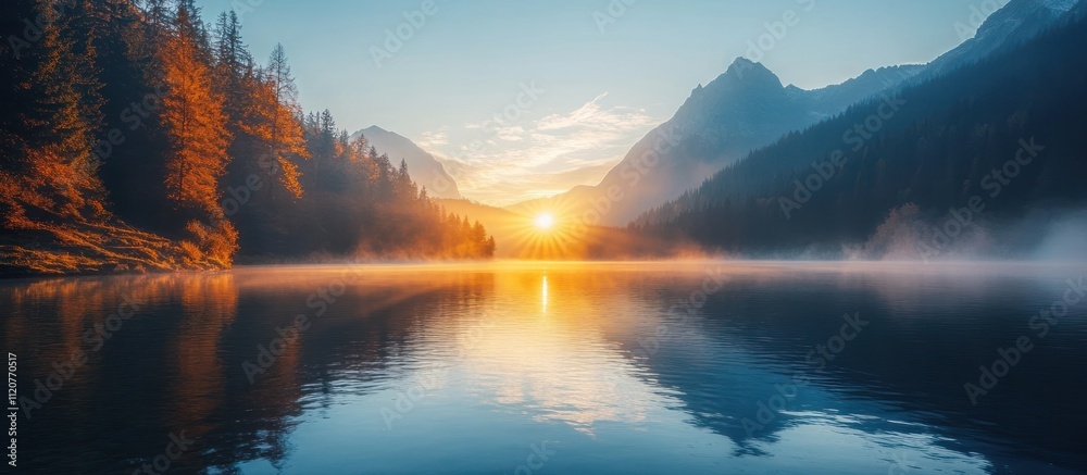 Calm mountain lake with fog and reflection of sunset in the water. Calm mountain lake with fog and reflection of sunset in the water.