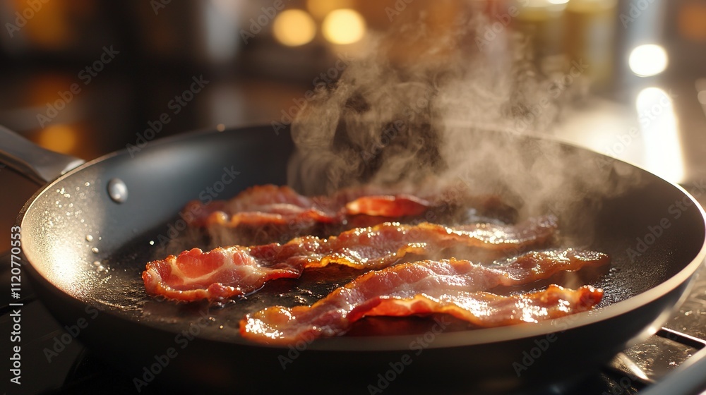 Fototapeta premium Bacon in pan is steaming
