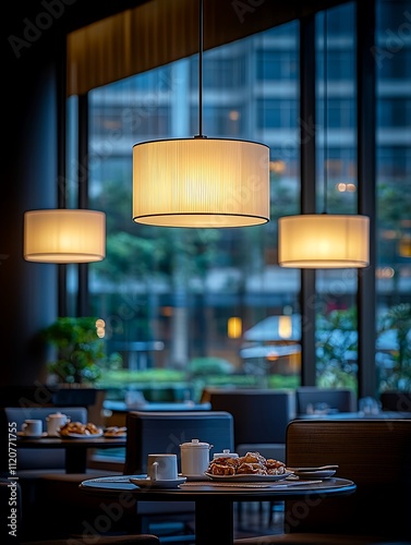 Serene Cafe Interior with Warm Lighting and Pastry Platter on a Small Table.