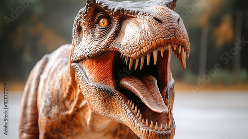 Close-up of a roaring Tyrannosaurus Rex model outdoors.