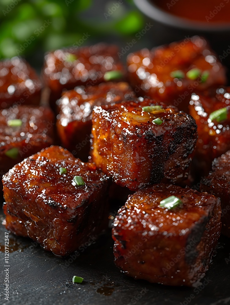 Close-up of Delicious Glazed BBQ Pork Belly Cubes Garnished with Chopped Green Onions. Close-up of Delicious Glazed BBQ Pork Belly Cubes Garnished with Chopped Green Onions.