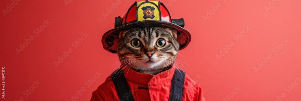 Cat dressed as a firefighter against a red background. Cat dressed as a firefighter against a red background.
