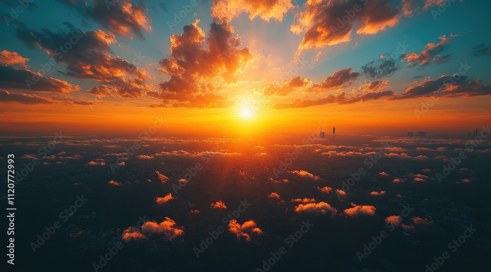Fototapeta premium Vibrant sunset over a cityscape, aerial view with clouds.