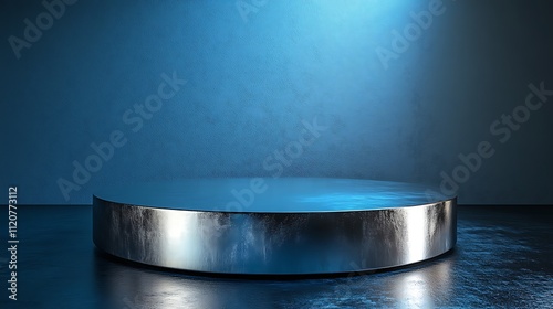 Circular podium with a brushed metal finish, casting soft reflections against a deep blue gradient background.