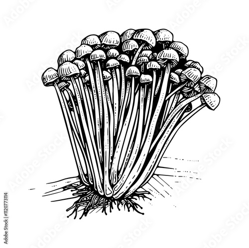 mushroom enoki engraving black and white outline photo