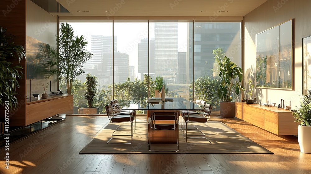 urban modern dining area with glass dining table, modern chairs, natural wood accents urban modern dining area with glass dining table, modern chairs, natural wood accents