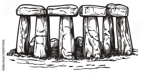 stone henge engraving black and white outline