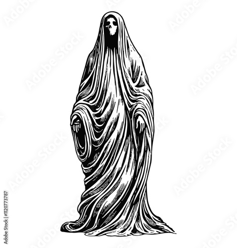 ghost hood robe fly engraving black and white outline