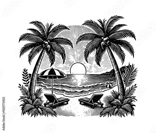 beach landscape chair umbrella palm tree engraving black and white outline