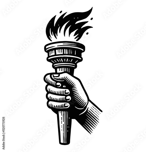 hand holding torch engraving black and white outline