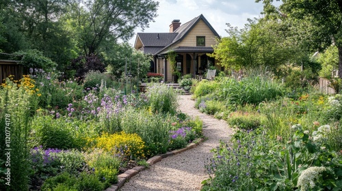 Winding gravel path through vibrant cottage garden leading to charming house.