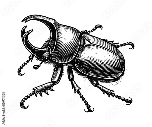 elephant beetle engraving black and white outline