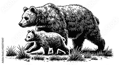 mother bear and her cub walking together engraving black and white outline