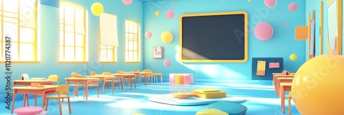 Bright, playful classroom with colorful decor.