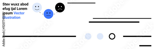 emotion faces with different expressions, text elements, horizontal lines. Ideal for emotion, communication, minimalism, user interface, web design, messaging, landing page