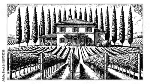 Mediterranean villa surrounded by lush vineyards and tall cypress trees engraving black and white outline