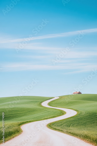 Winding Road Through Green Fields