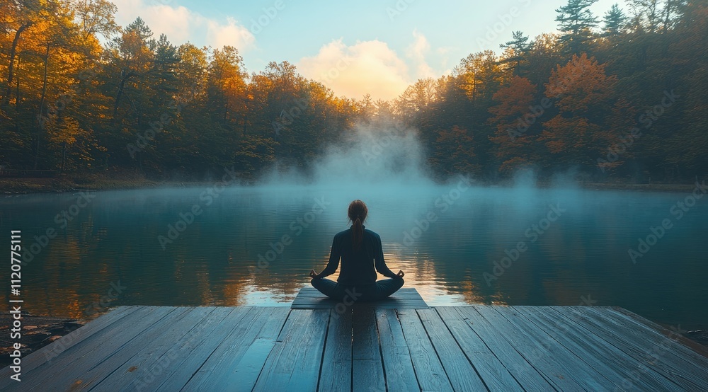 Woman meditates in lotus pose on a wooden dock overlooking a misty lake at sunrise, surrounded by autumn foliage. Woman meditates in lotus pose on a wooden dock overlooking a misty lake at sunrise, surrounded by autumn foliage.