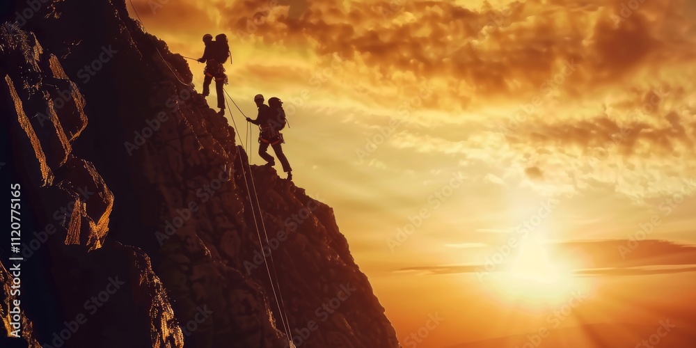 Climbers Conquering Summit at Golden Hour Climbers Conquering Summit at Golden Hour