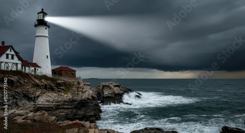 Lighthouse illuminating stormy sky over rocky coastline and turbulent sea