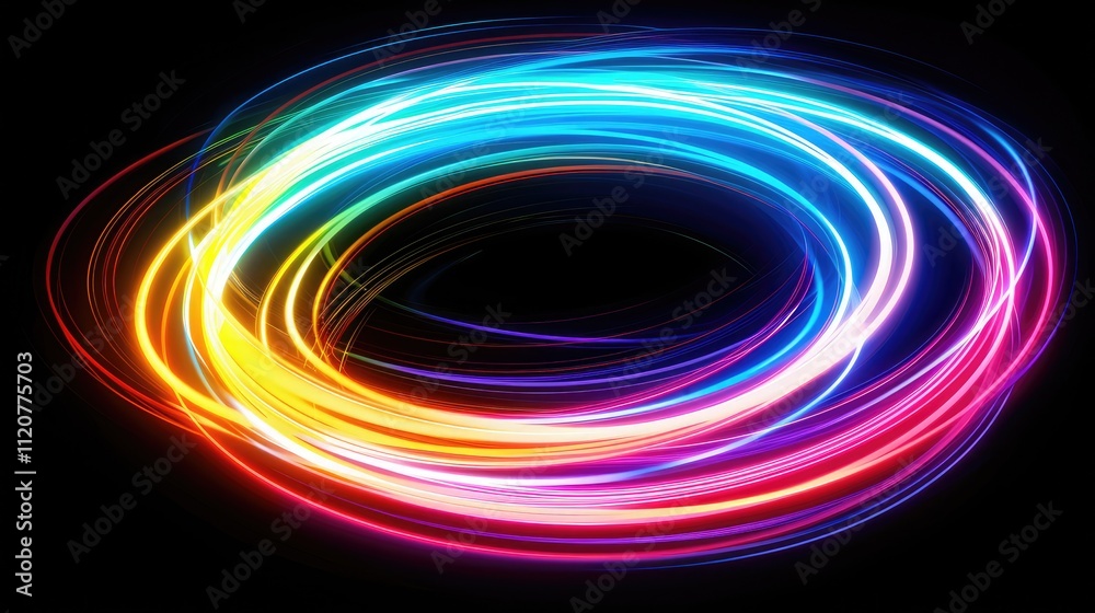 Neon glowing circular lines create a tunnel with vanishing points. Abstract movement of colored lights speed effect colorful wave curves Black background. Neon glowing circular lines create a tunnel with vanishing points. Abstract movement of colored lights speed effect colorful wave curves Black background.